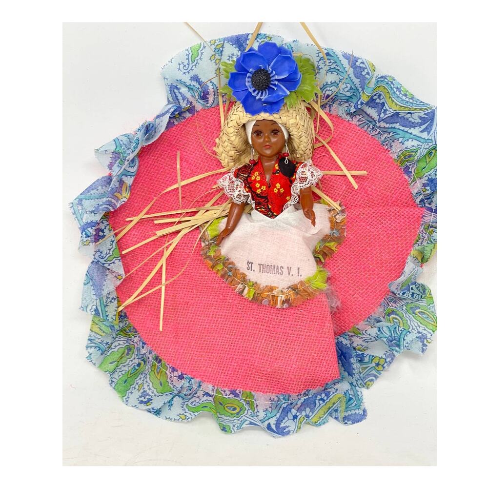 Vintage Carmen Plastic Doll W/ Flower Straw Hat Wall Hanging ~St. Thomas VI